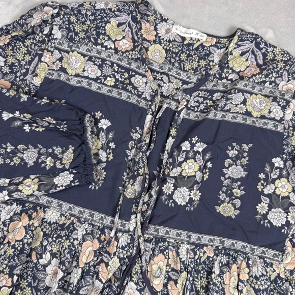 R. Vivimos Floral Print Maxi Dress Womens Navy L LS Bohemian Double Tassel - Picture 1 of 6